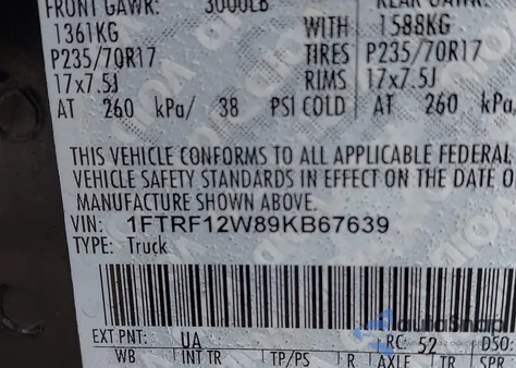 2009 Ford F-150 Stx/Xl/Xlt z USA, uszkodzony, nr VIN 1FTRF12W89KB67639